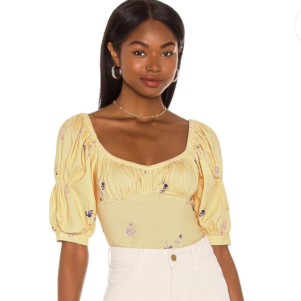 Free People Yellow Floral Puff Sleeve Bodysuit